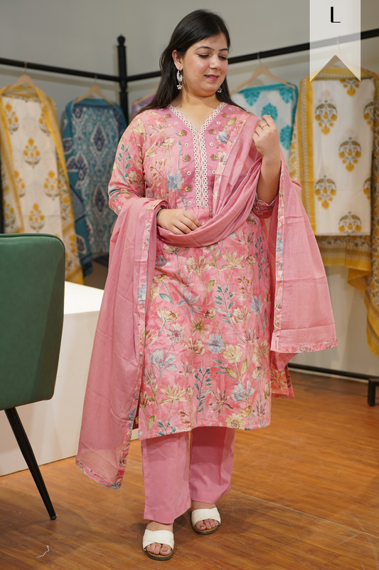 Peachy Pink Floral Cotton Suit
