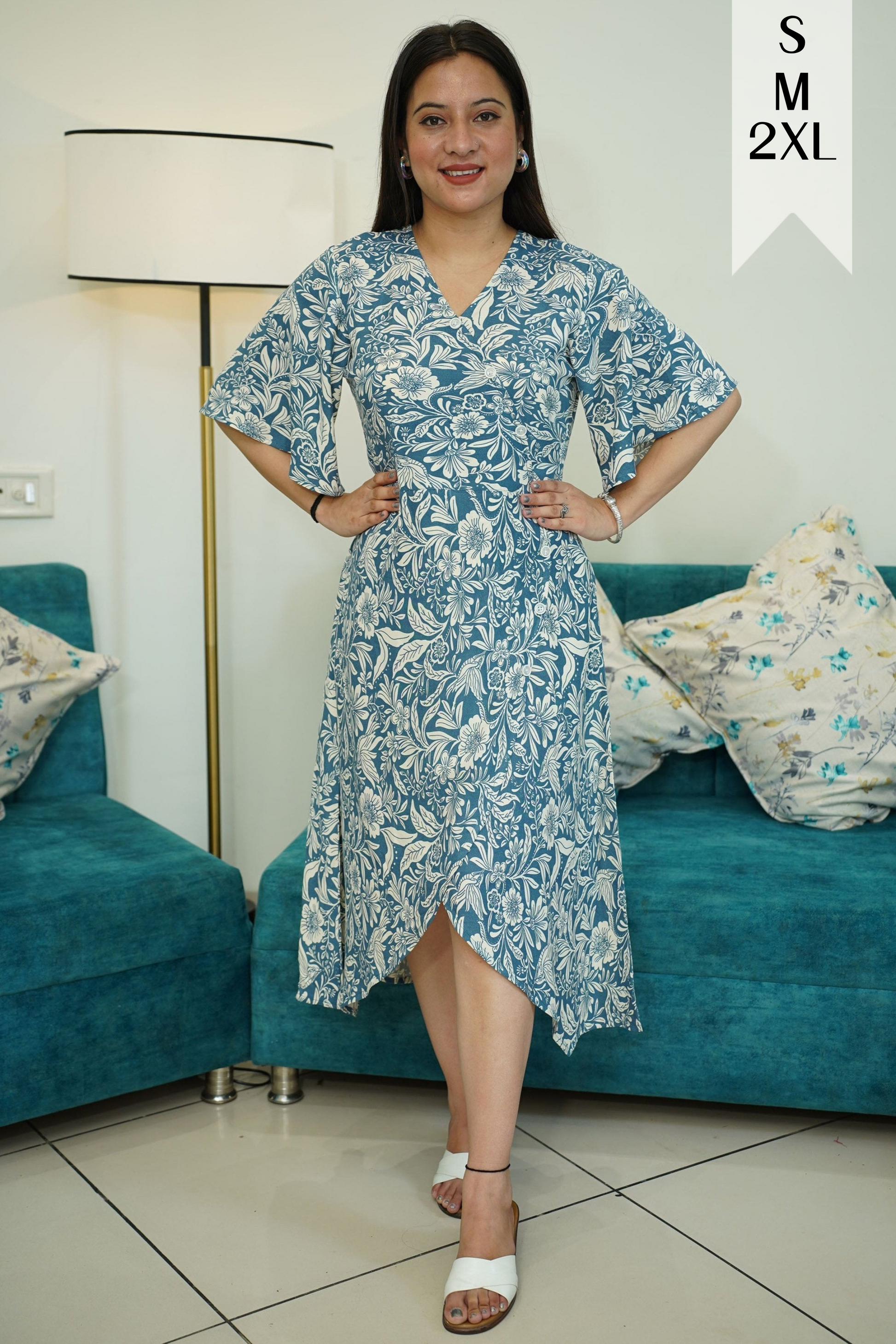 Blue Floral Rayon Wrap Dress