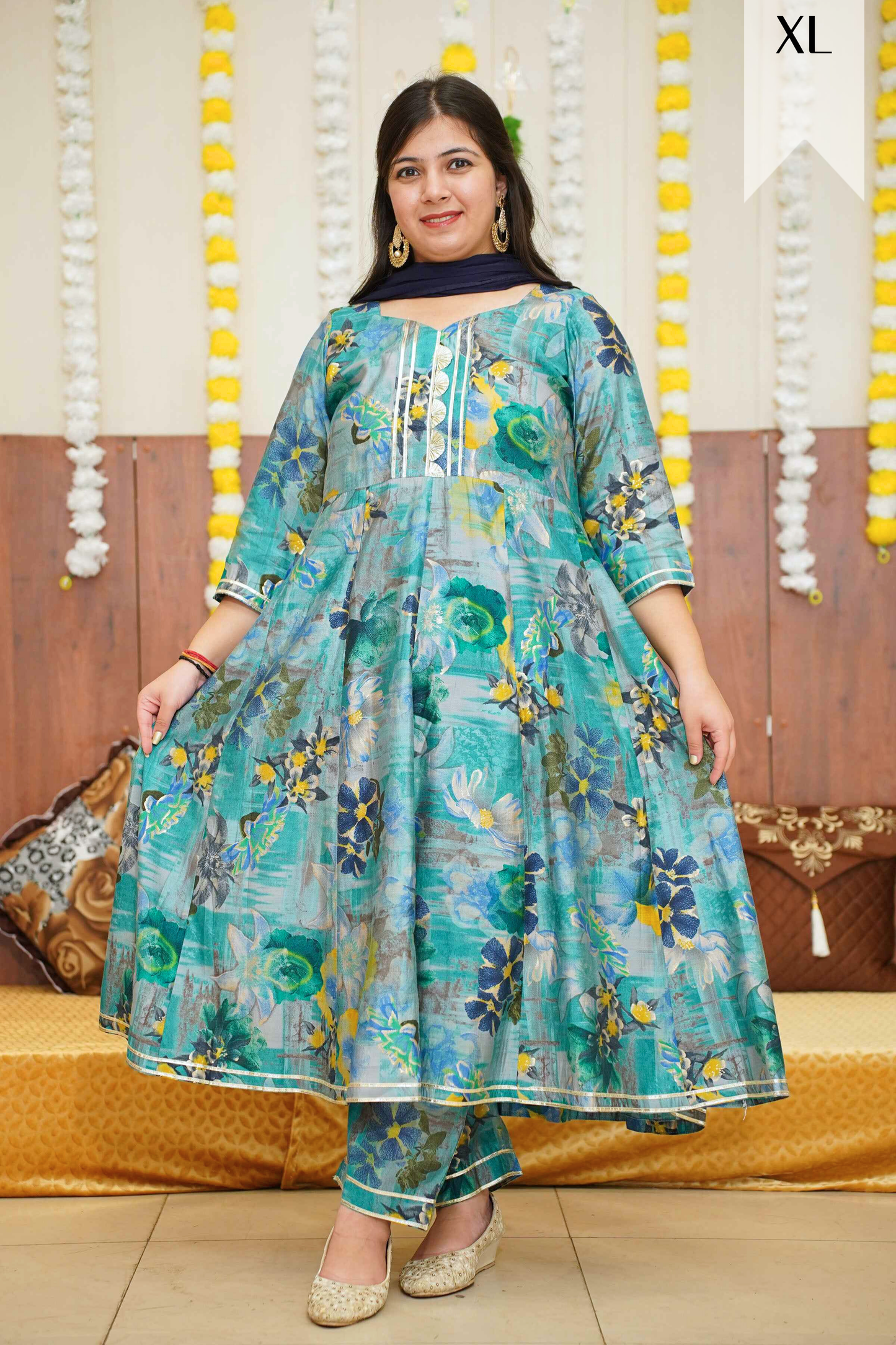 Dusty Blue Floral Anarkali Set