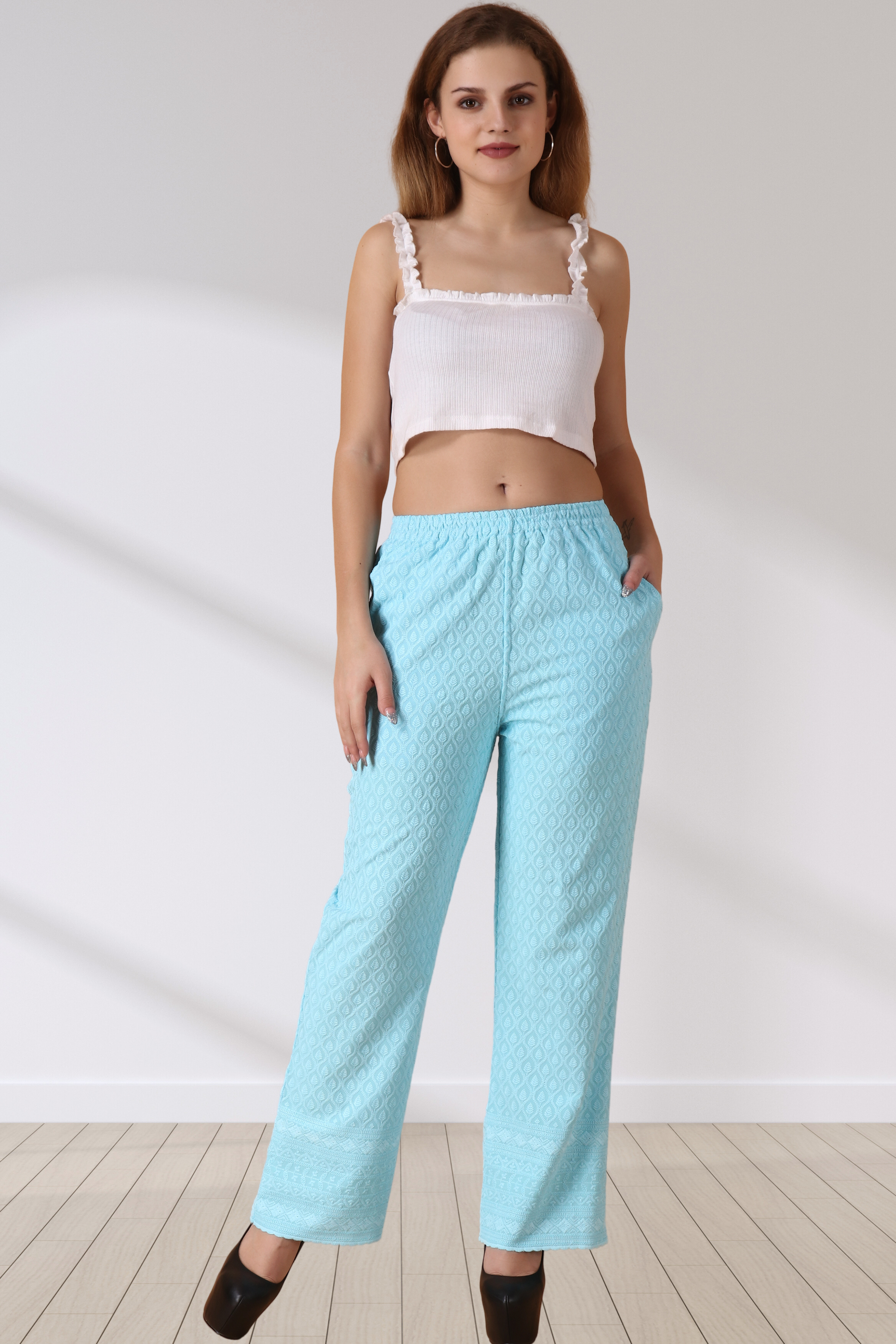 Buy Plus Size ​Full Chikankari Palazzo At Apella | Sizes XS to 10 XL | India | Free Delivery | Customized