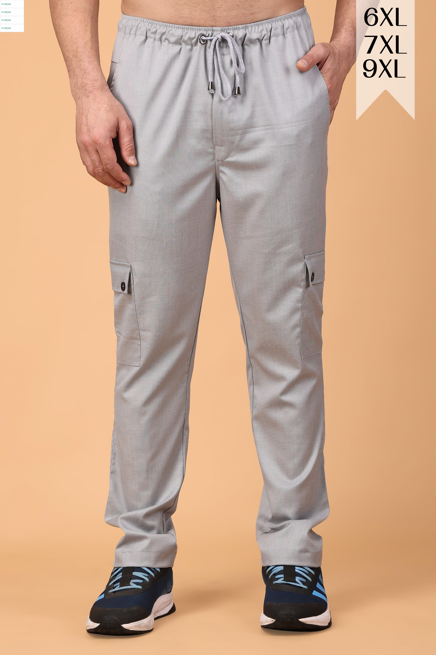 Buy Plus Size ​Solid Grey Textured Stretch Cargo At Apella | Sizes XS to 10 XL | India | Free Delivery | Customized