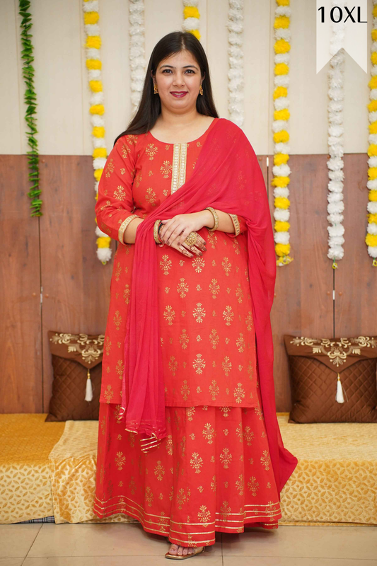 Festive Red Foiled Skirt Suit