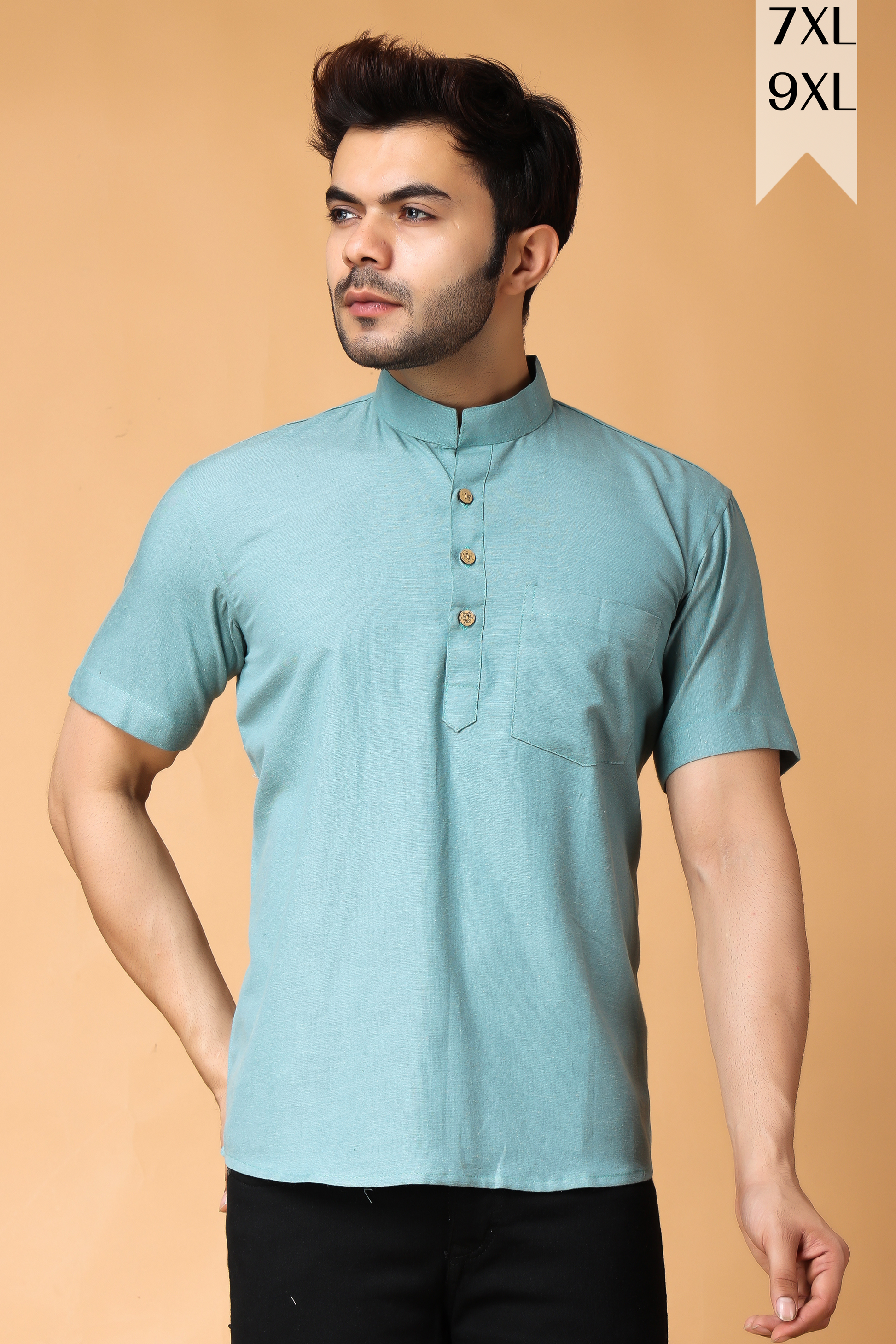 Buy Plus Size ​Seafoam Cotton Linen Short Kurta At Apella | Sizes XS to 10 XL | India | Free Delivery | Customized