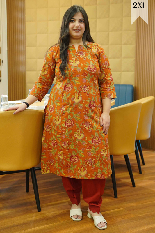 Rust Marigold Block Cotton Kali Kurta