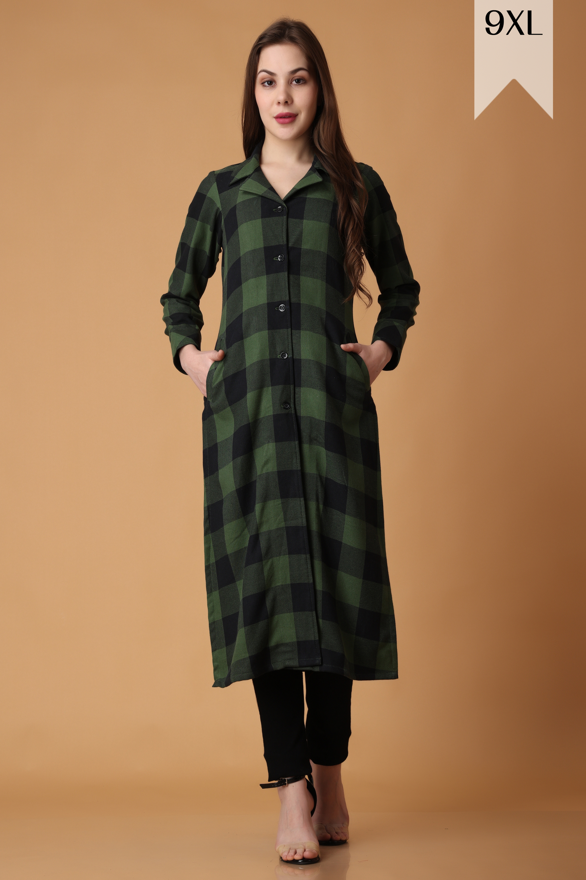 Buy Plus Size ​Green Checked Woollen Kurta At Apella | Sizes XS to 10 XL | India | Free Delivery | Customized