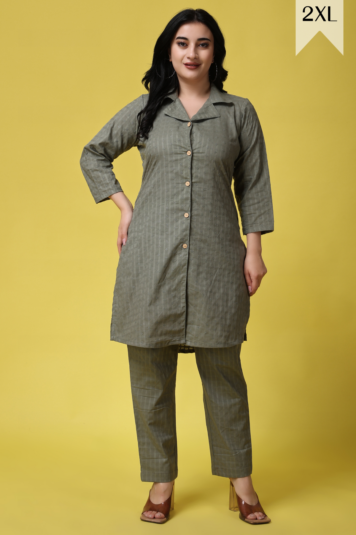 Buy Plus Size ​Olive Embroidered Co-ord Set At Apella | Sizes XS to 10 XL | India | Free Delivery | Customized