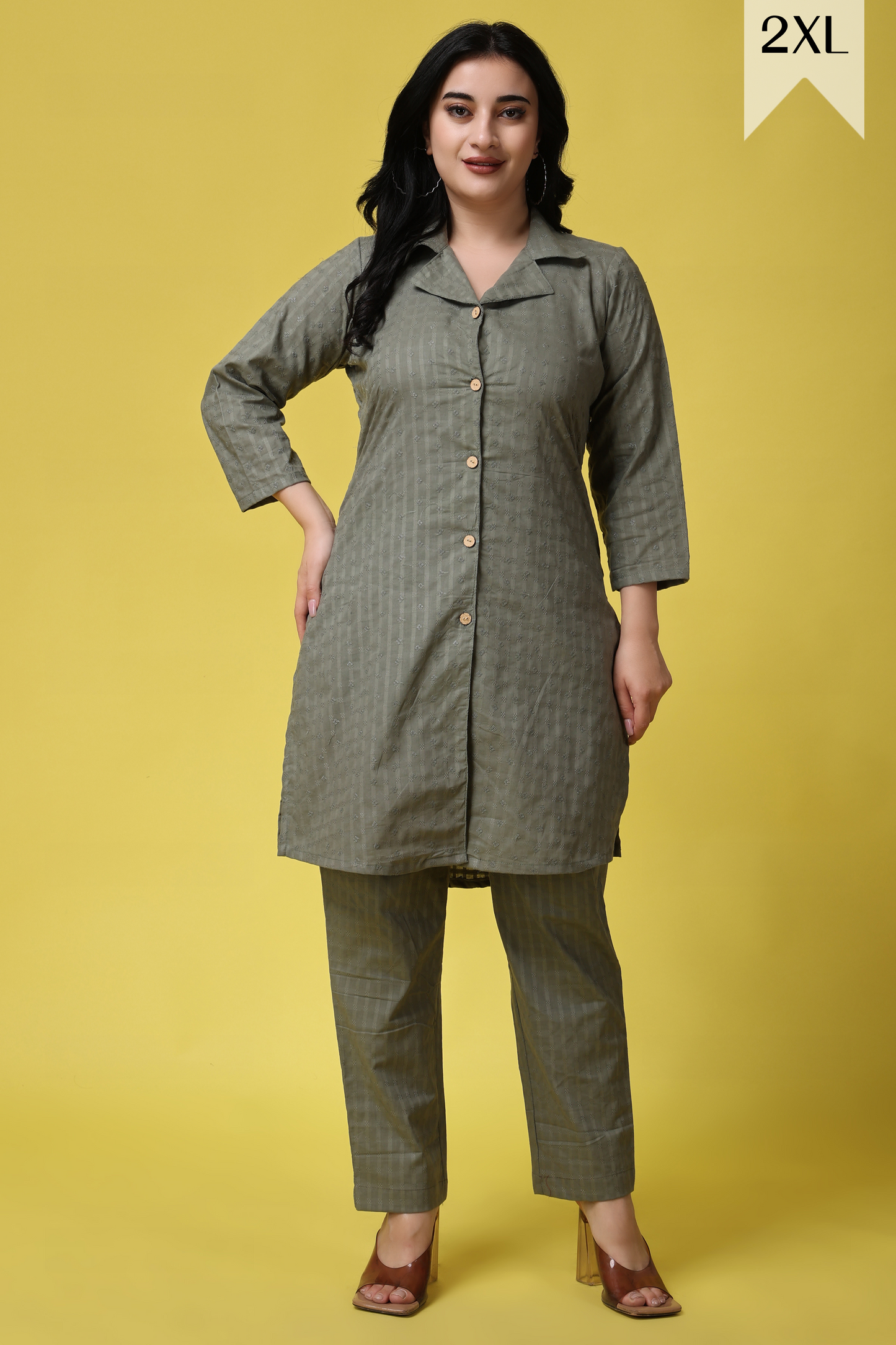 Buy Plus Size ​Olive Embroidered Co-ord Set At Apella | Sizes XS to 10 XL | India | Free Delivery | Customized
