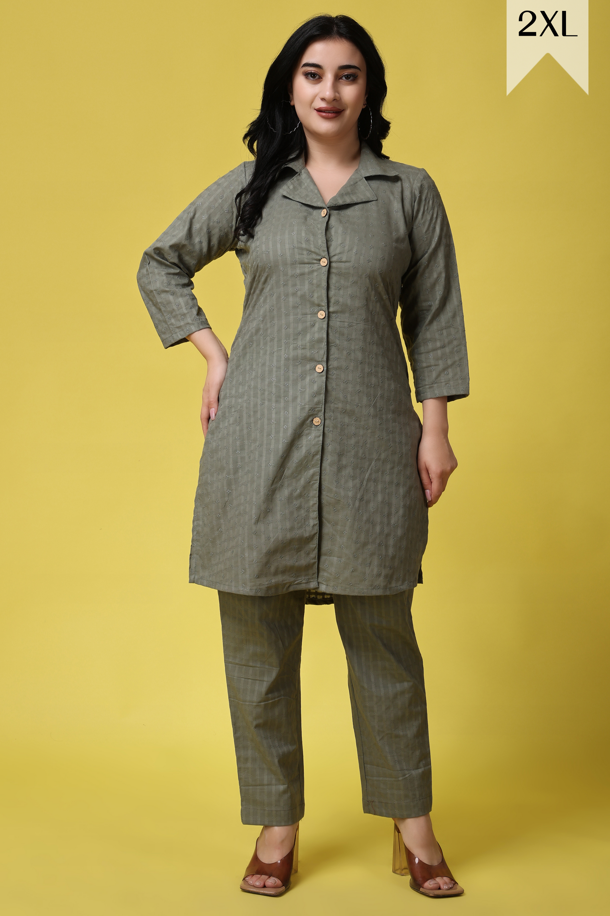 Buy Plus Size ​Olive Embroidered Co-ord Set At Apella | Sizes XS to 10 XL | India | Free Delivery | Customized
