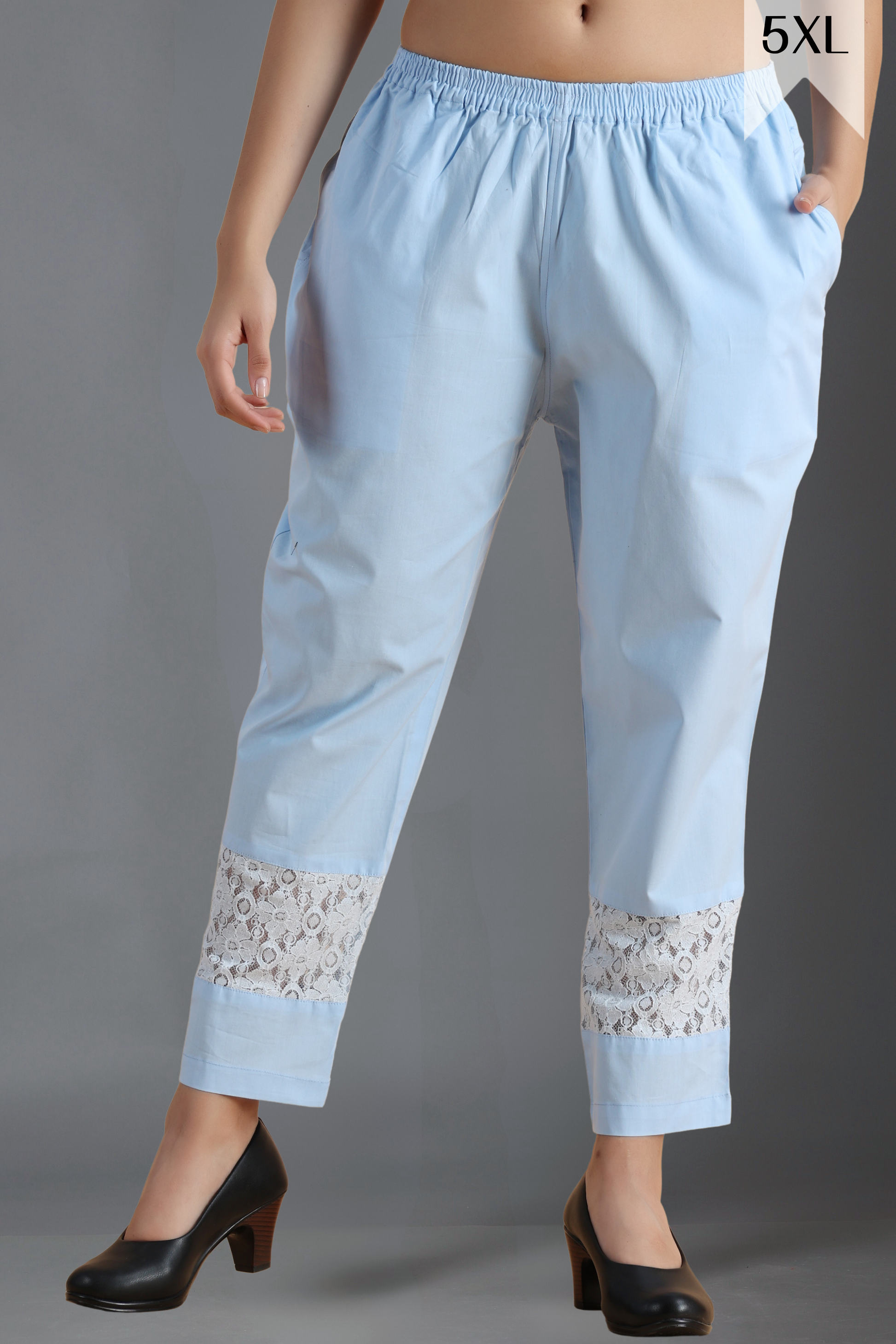 Buy Plus Size ​Ice Blue Detailed Cotton Palazzo At Apella | Sizes XS to 10 XL | India | Free Delivery | Customized