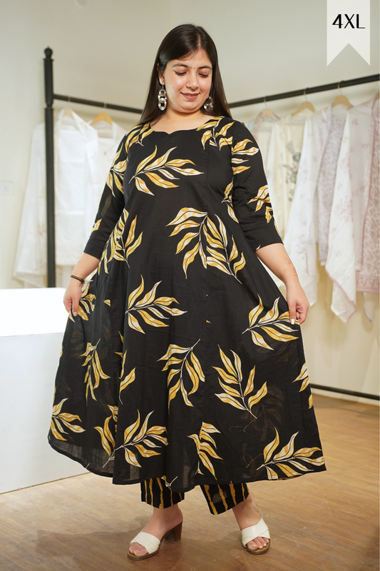 Lemony Black Kalidar Block Printed Cotton Kurta