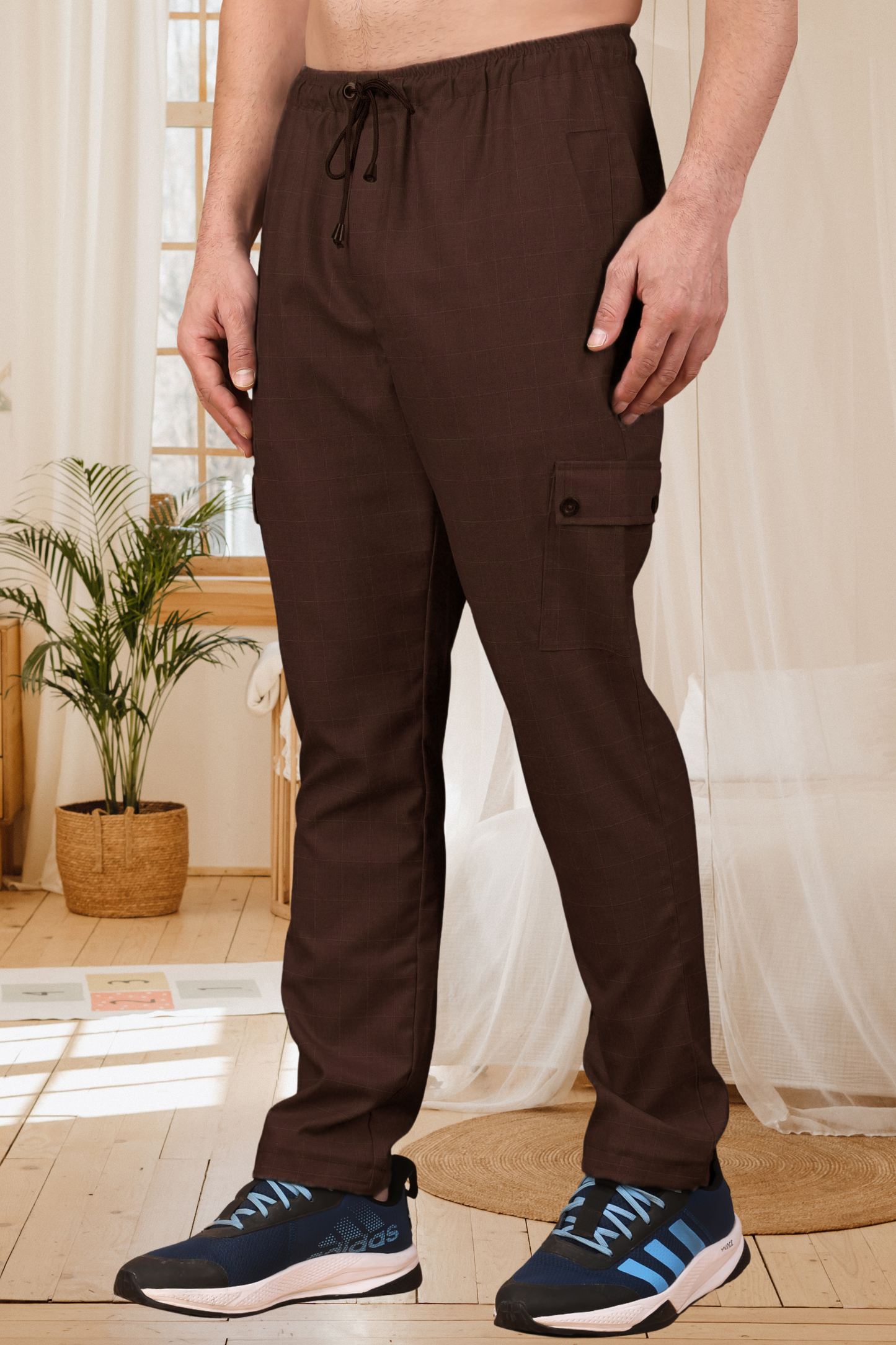 Buy Plus Size ​Dark Brown Checked Cargo At Apella | Sizes XS to 10 XL | India | Free Delivery | Customized