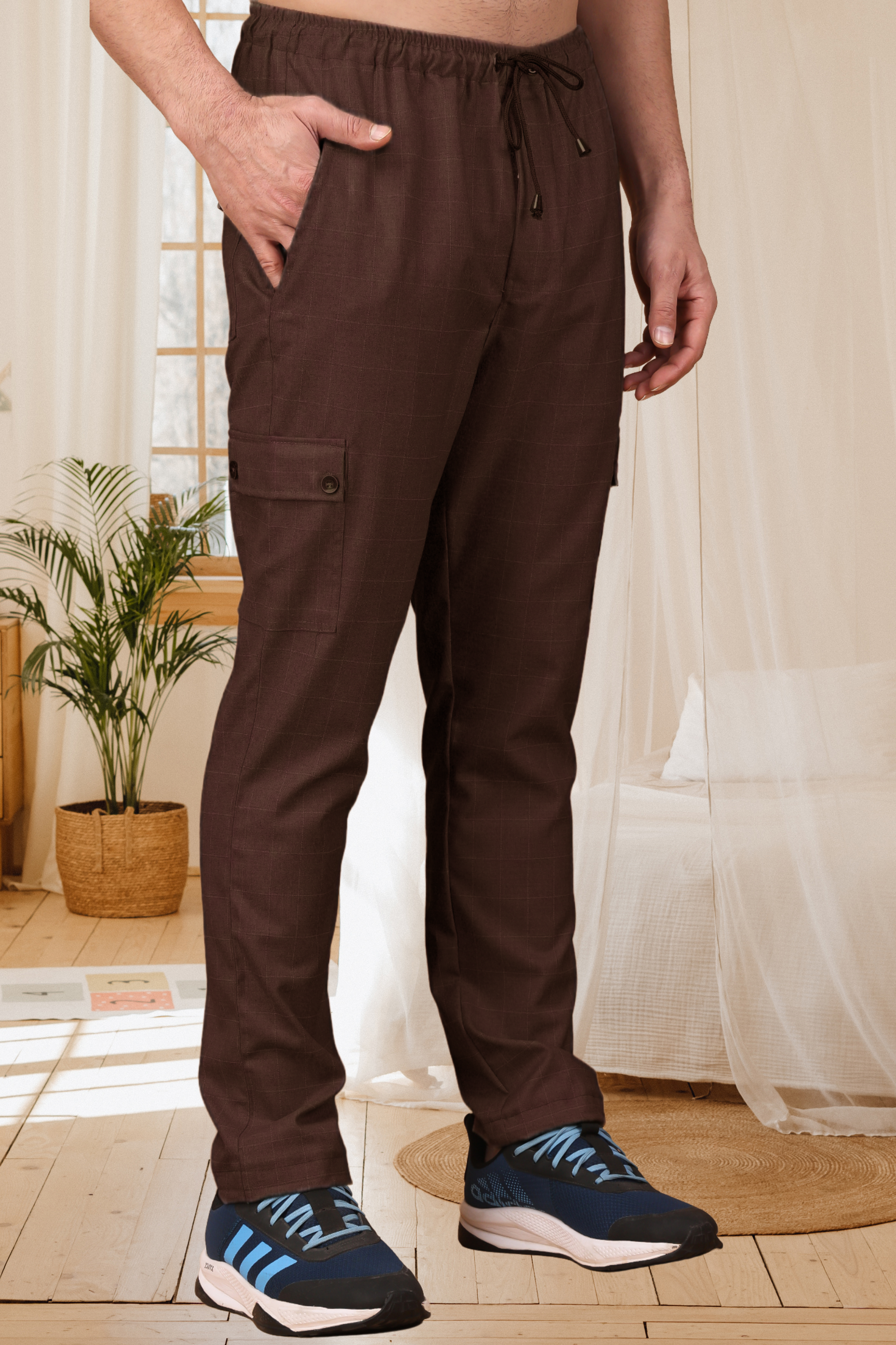 Buy Plus Size ​Dark Brown Checked Cargo At Apella | Sizes XS to 10 XL | India | Free Delivery | Customized