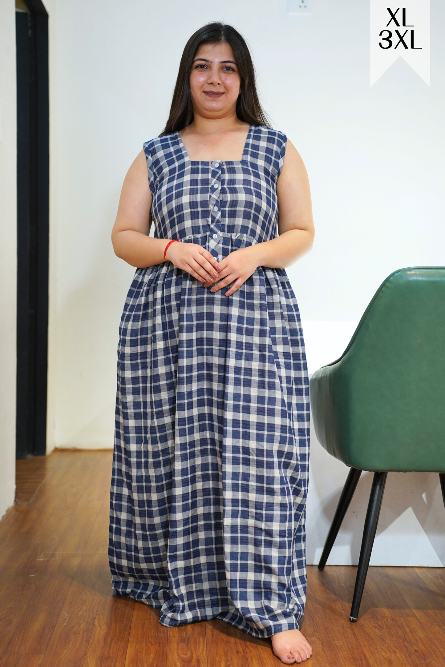 Navy Checked Cotton Night Gown