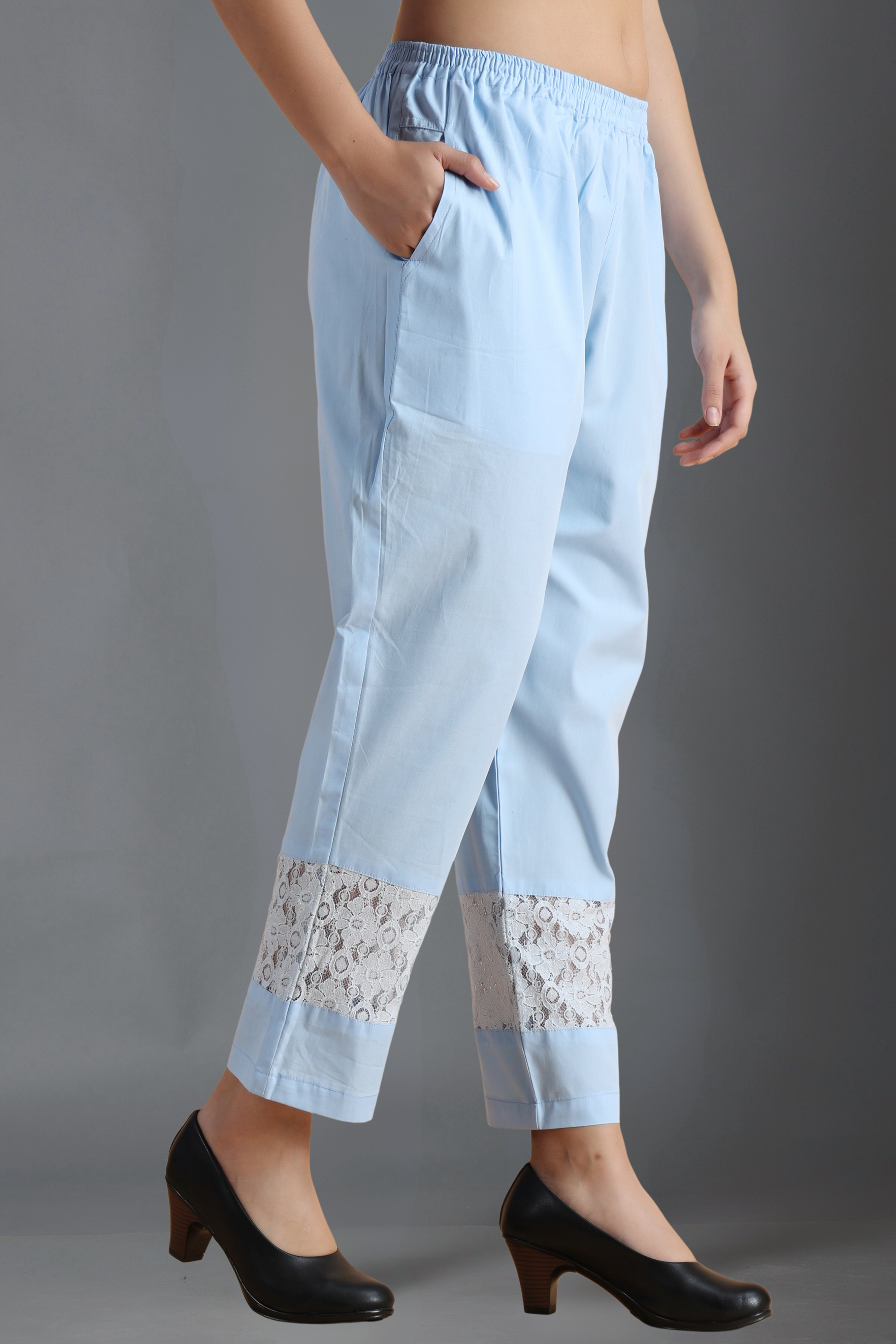 Buy Plus Size ​Ice Blue Detailed Cotton Palazzo At Apella | Sizes XS to 10 XL | India | Free Delivery | Customized