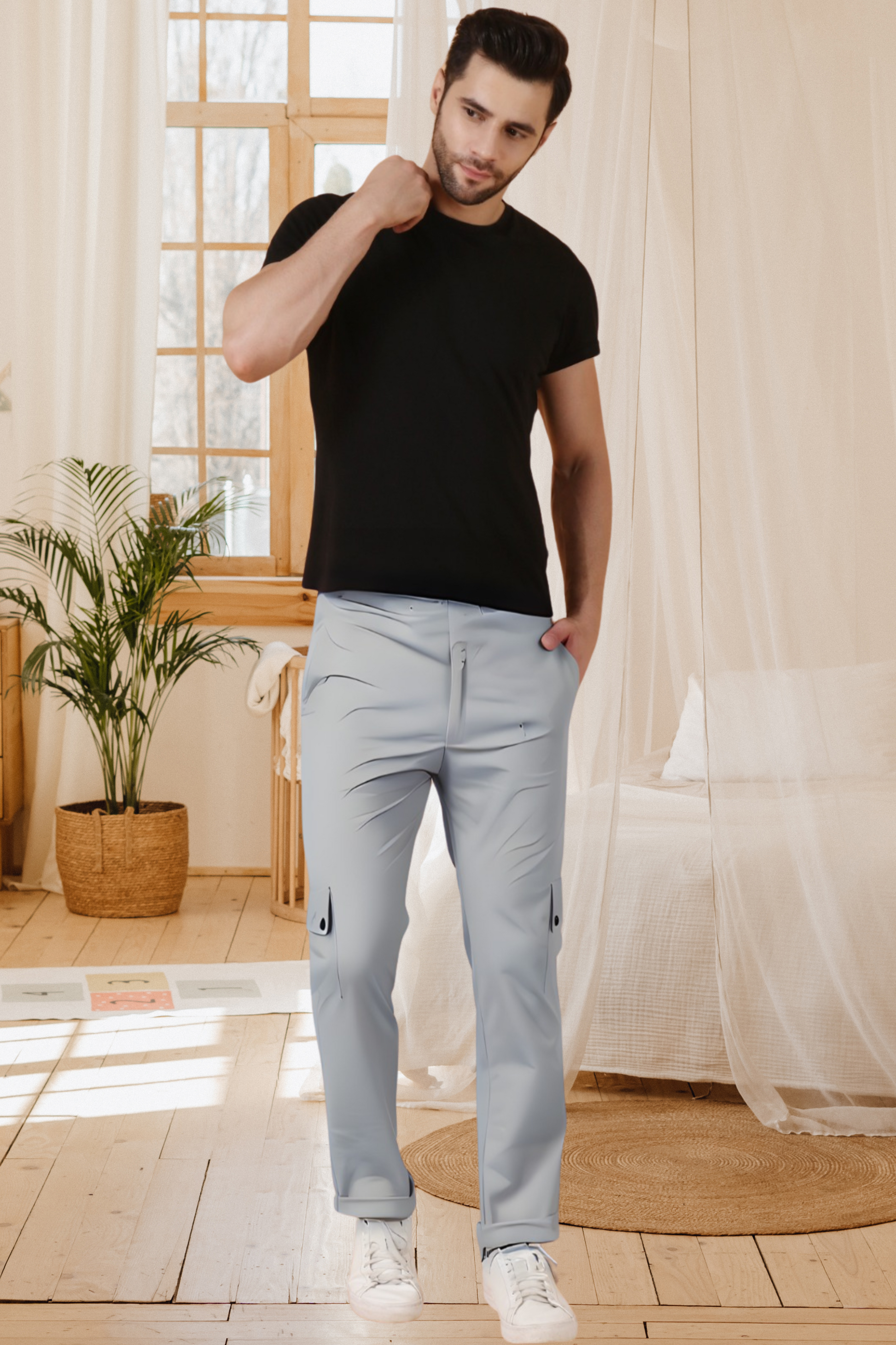 Buy Plus Size ​Light Powder Blue Cotton Cargo At Apella | Sizes XS to 10 XL | India | Free Delivery | Customized