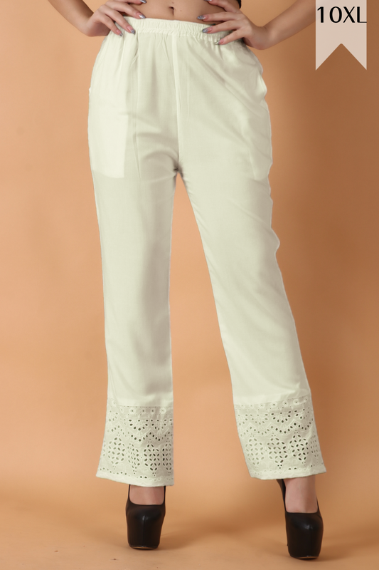 Buy Plus Size ​Off White Schiffli Cotton Pants At Apella | Sizes XS to 10 XL | India | Free Delivery | Customized