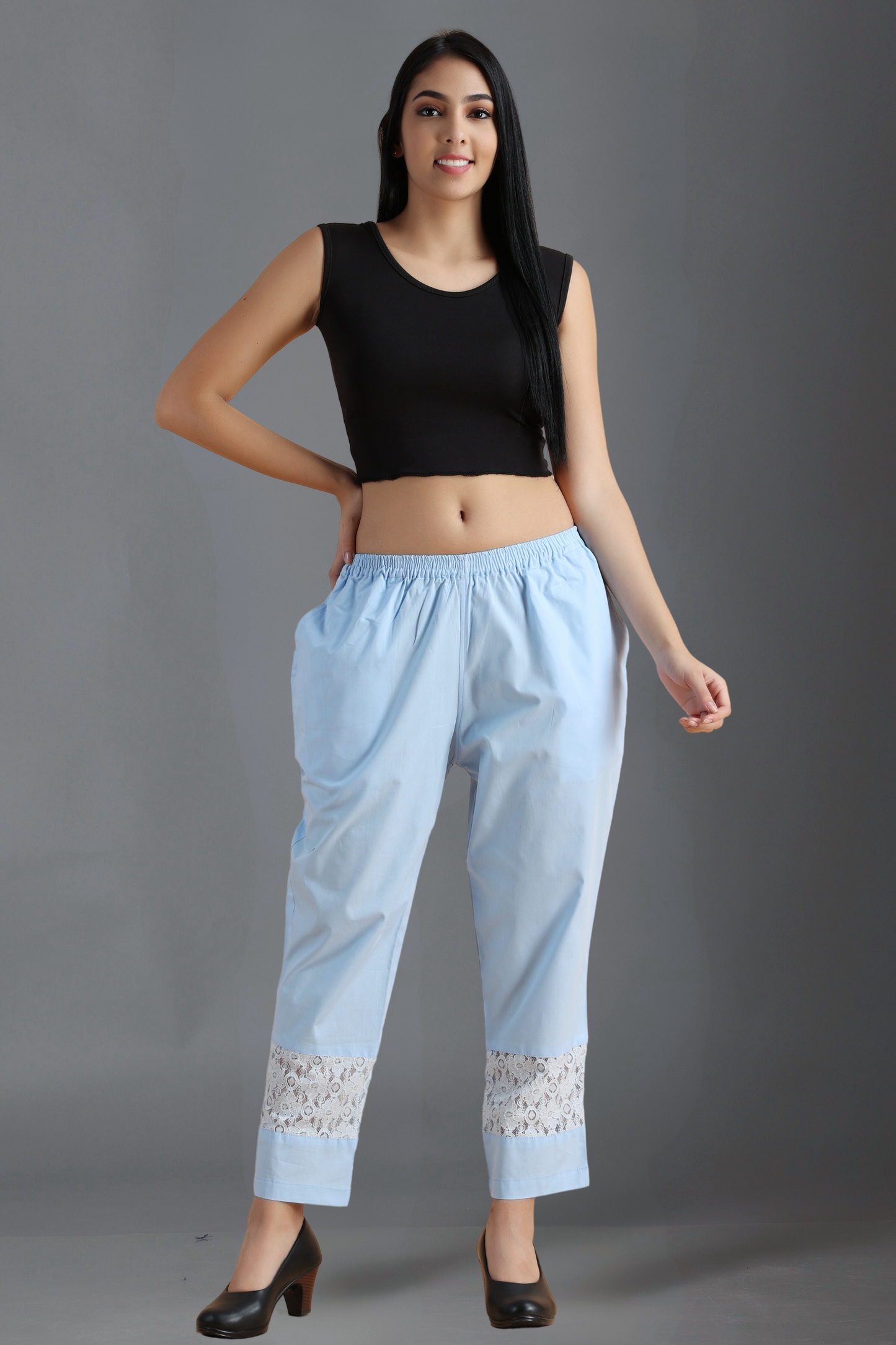 Buy Plus Size ​Ice Blue Detailed Cotton Palazzo At Apella | Sizes XS to 10 XL | India | Free Delivery | Customized