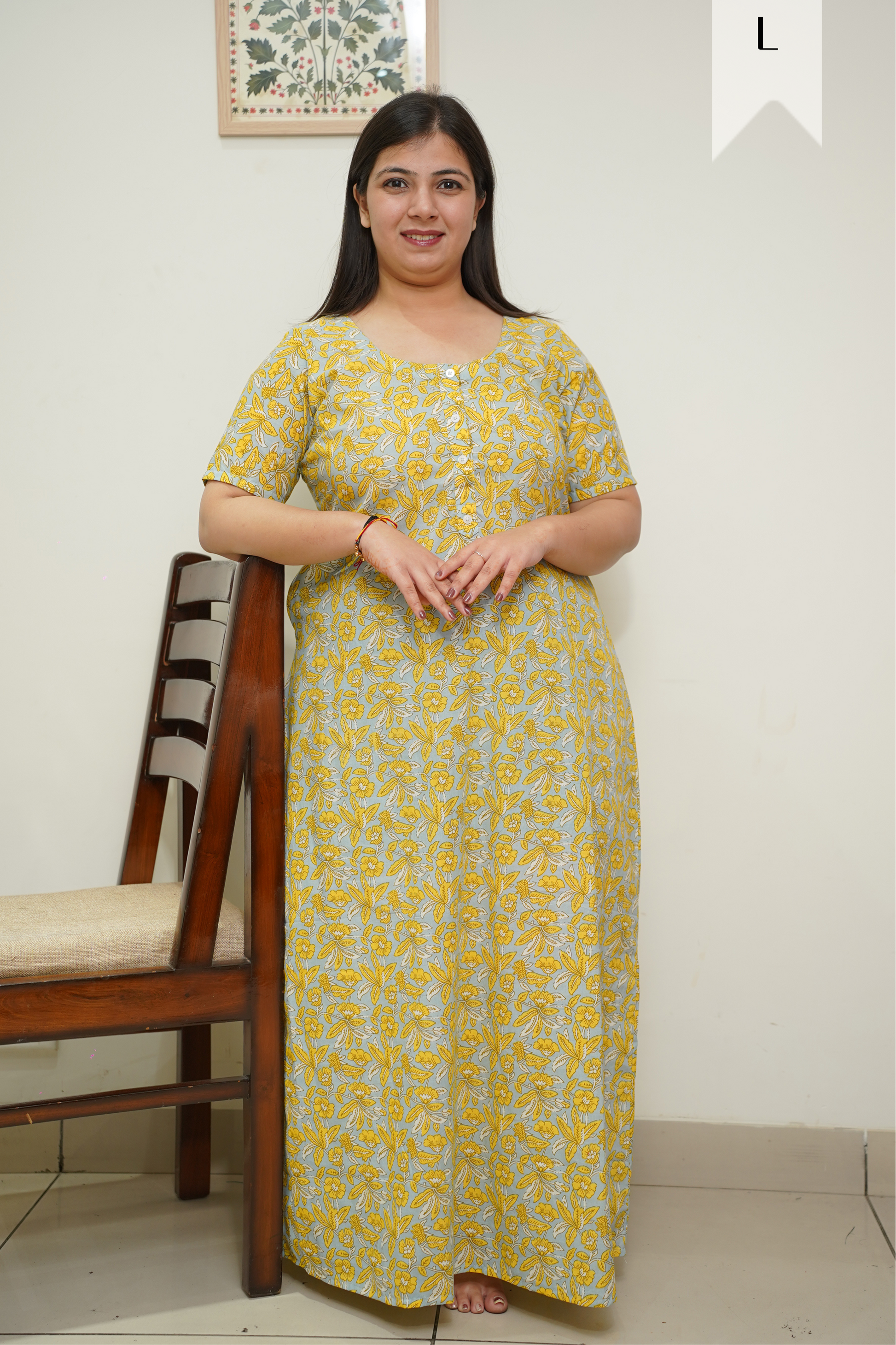 Yellow Floral Cotton Night Gown