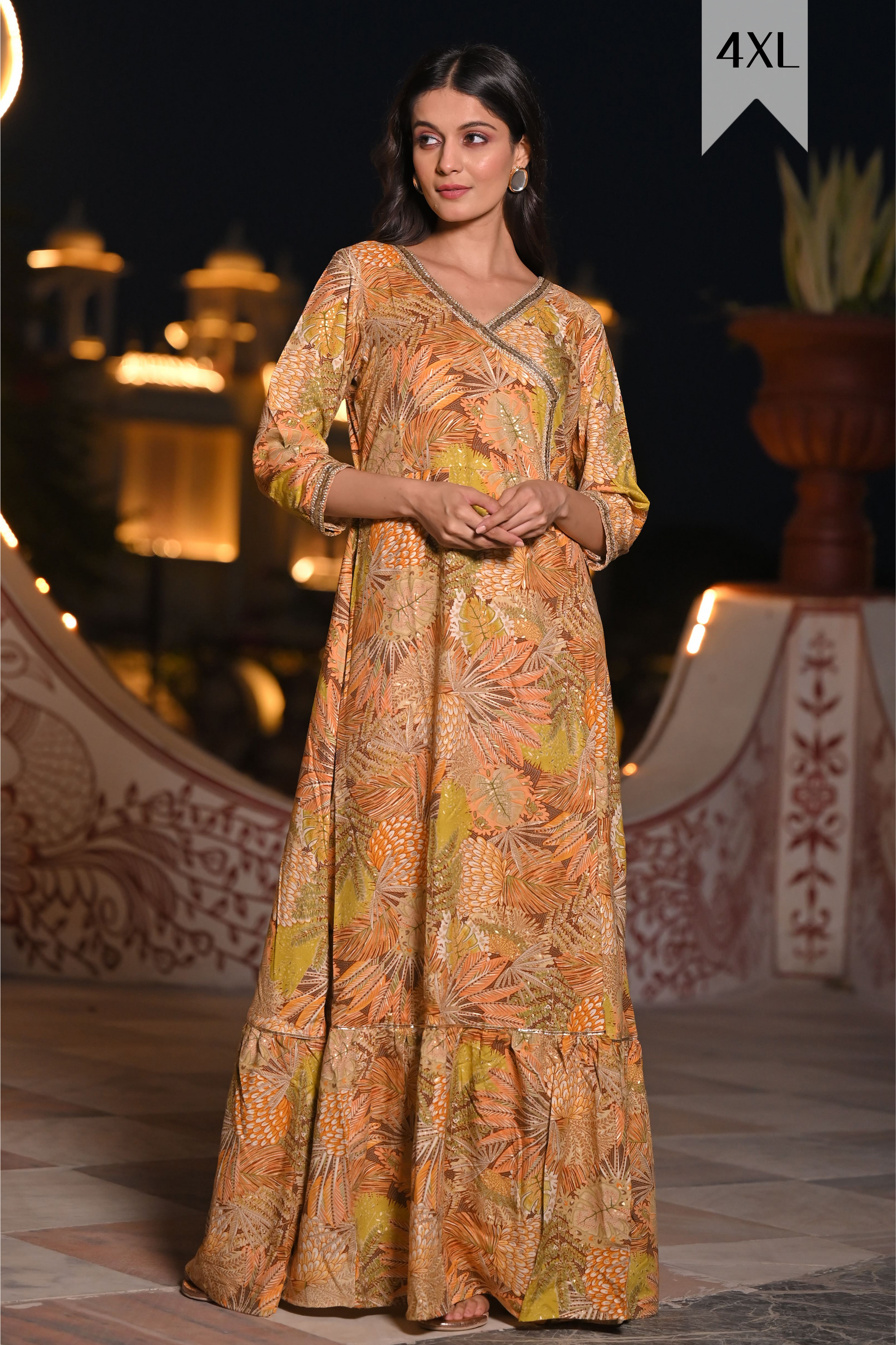 Buy Plus Size ​Golden Essence Foiled Rayon Dress At Apella | Sizes XS to 10 XL | India | Free Delivery | Customized