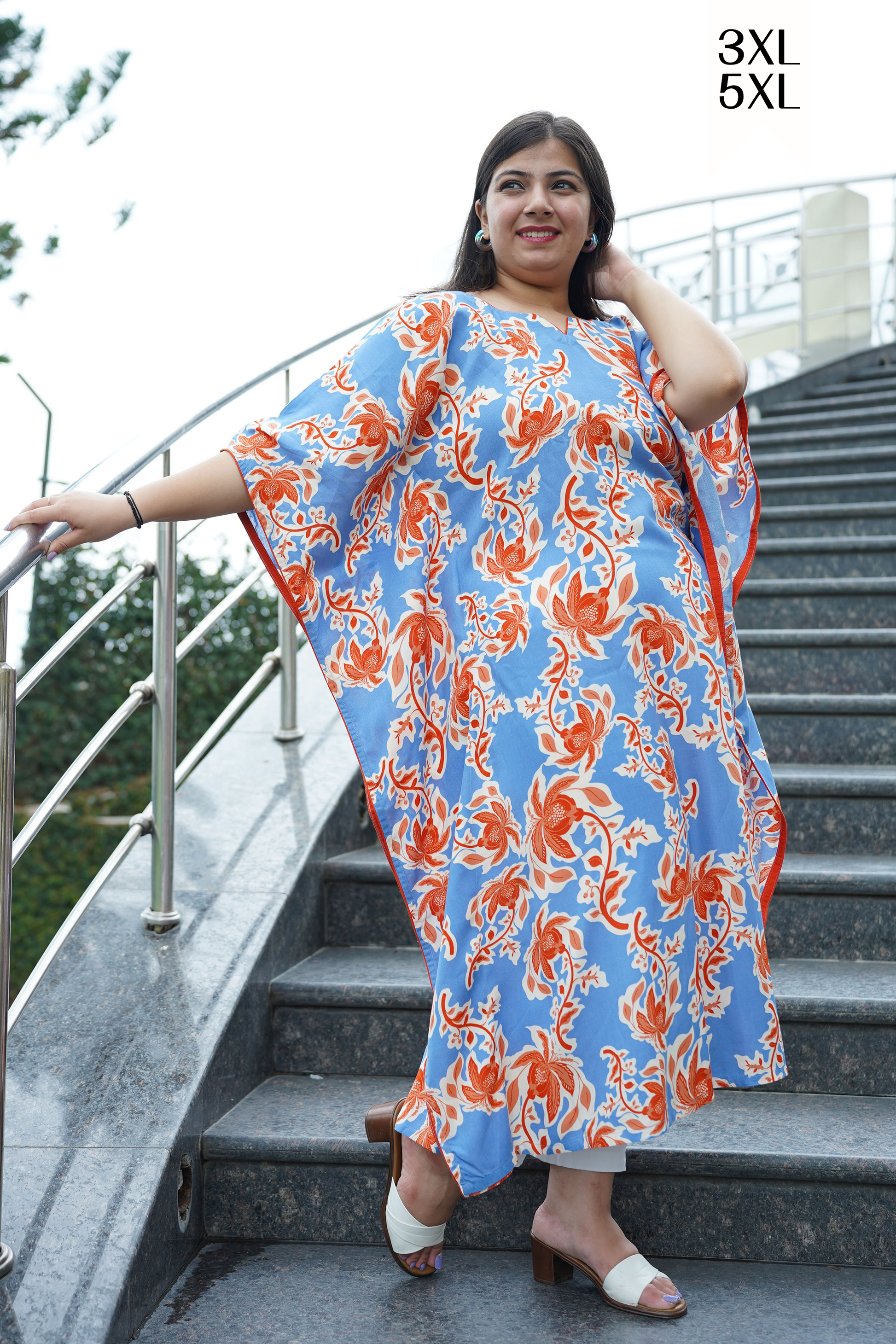 Rusty Blue Floral Rayon Kaftan