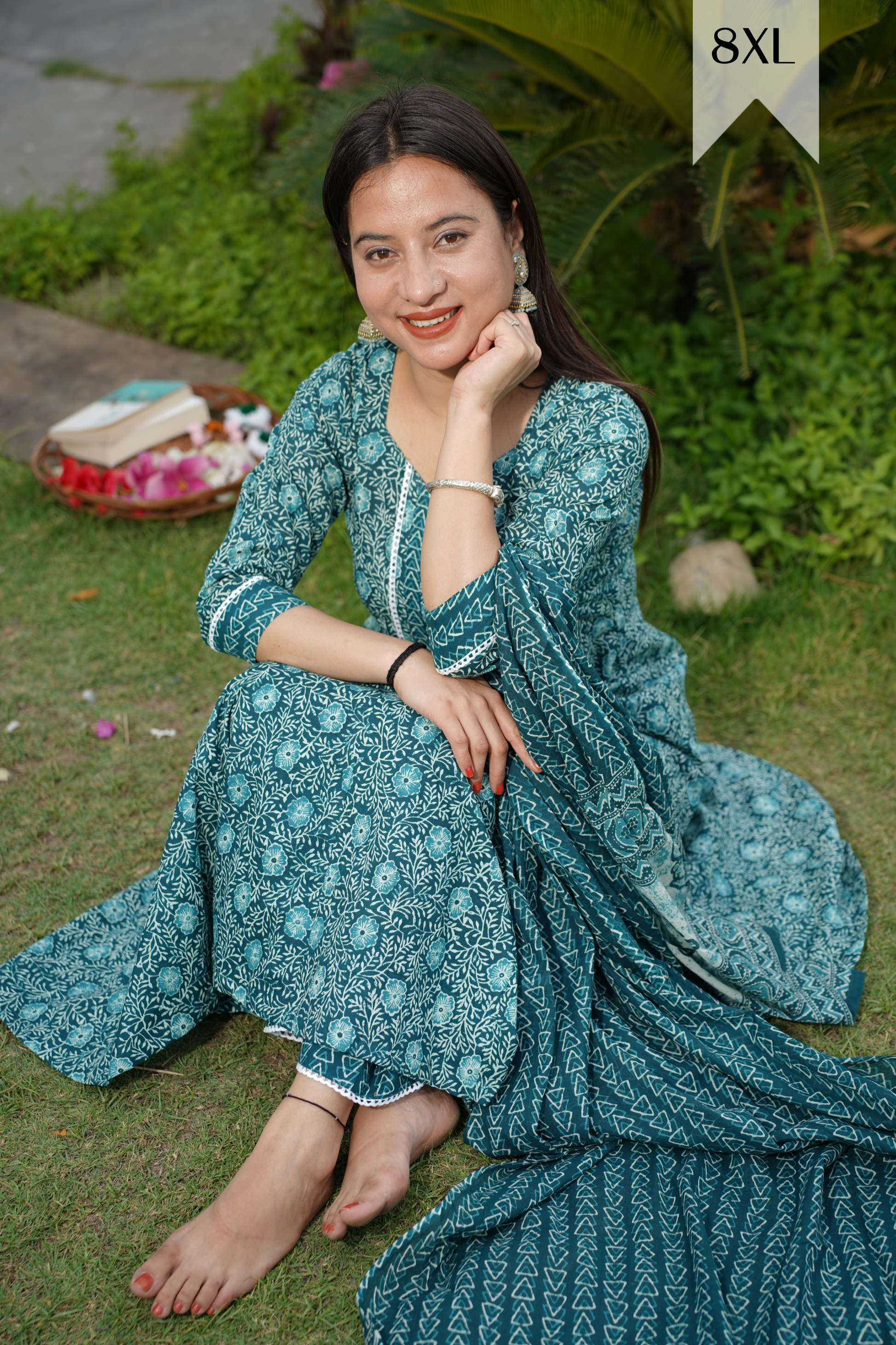 Peacock Blue Jaal Print Suit Set