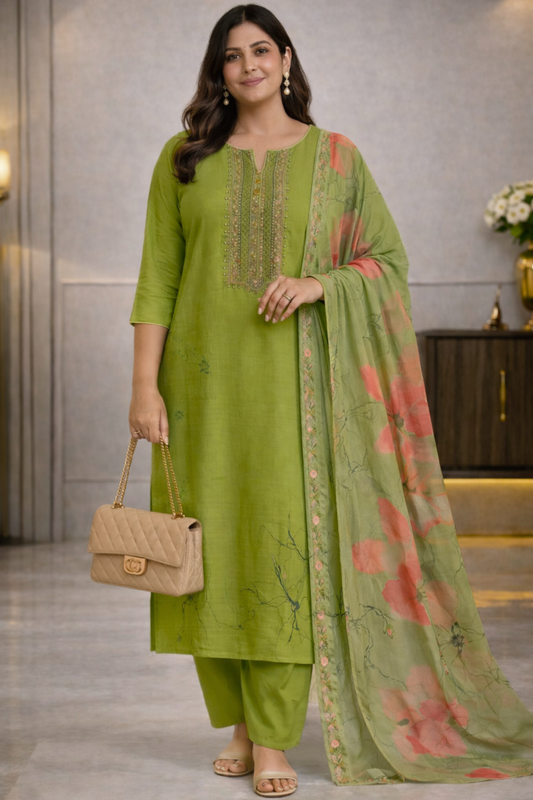 Parrot Floral Muslin Suit with Thread Work