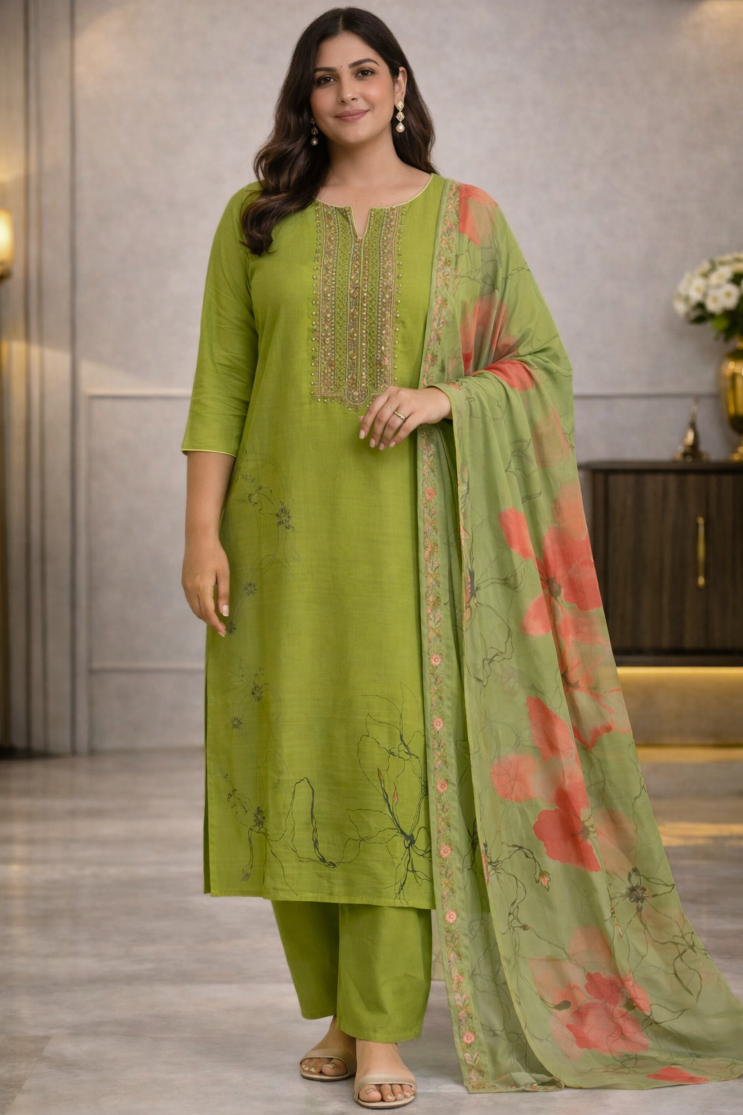 Parrot Floral Muslin Suit with Thread Work