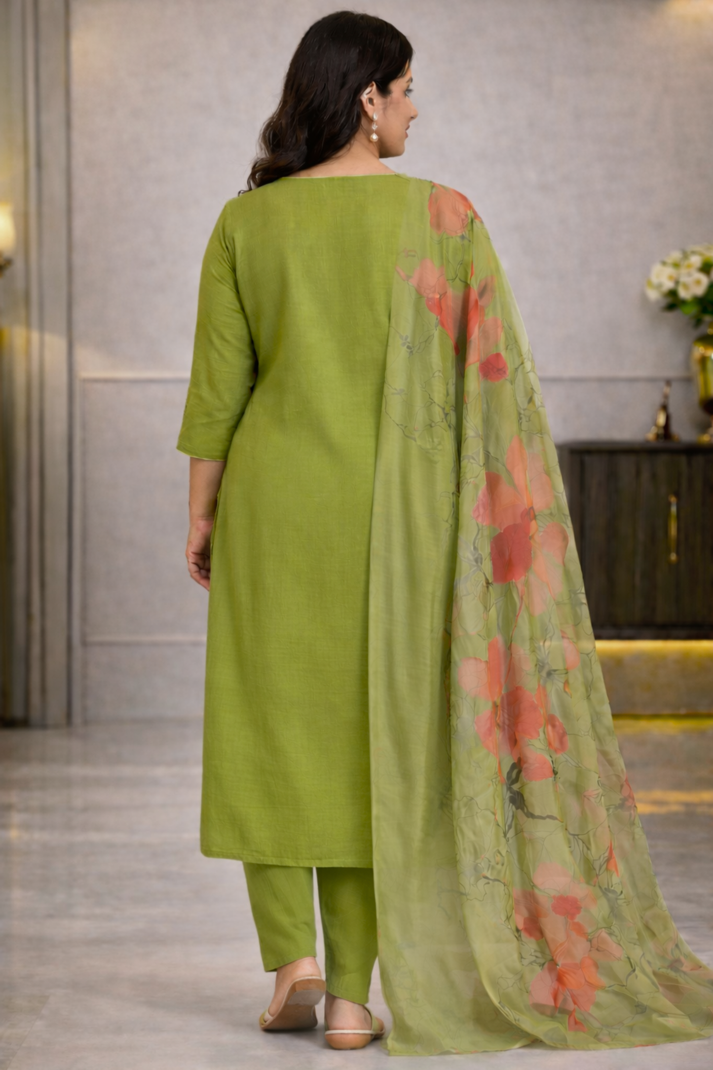 Parrot Floral Muslin Suit with Thread Work