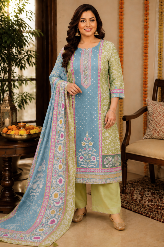 Parrot Sitara Muslin Dress Material with Aari Work