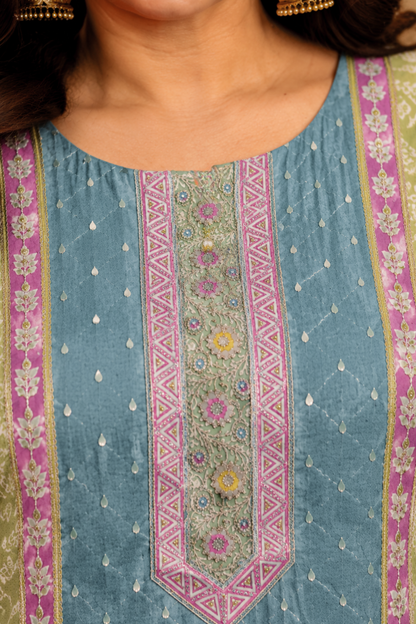 Parrot Sitara Muslin with Aari Work