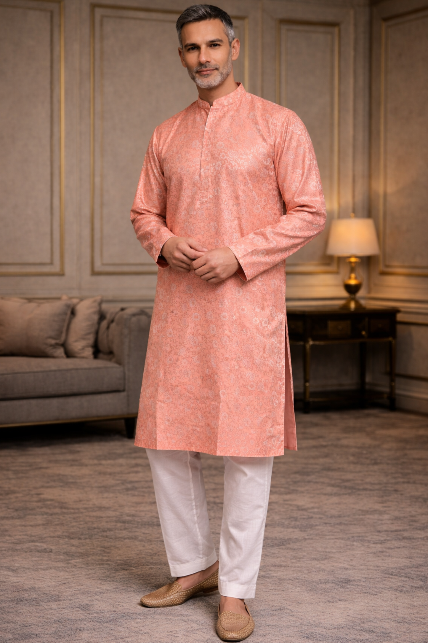 Peach Luster Brocade Kurta Pajama