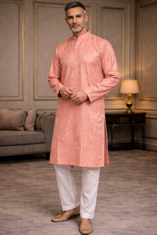 Peach Luster Brocade Kurta Pajama