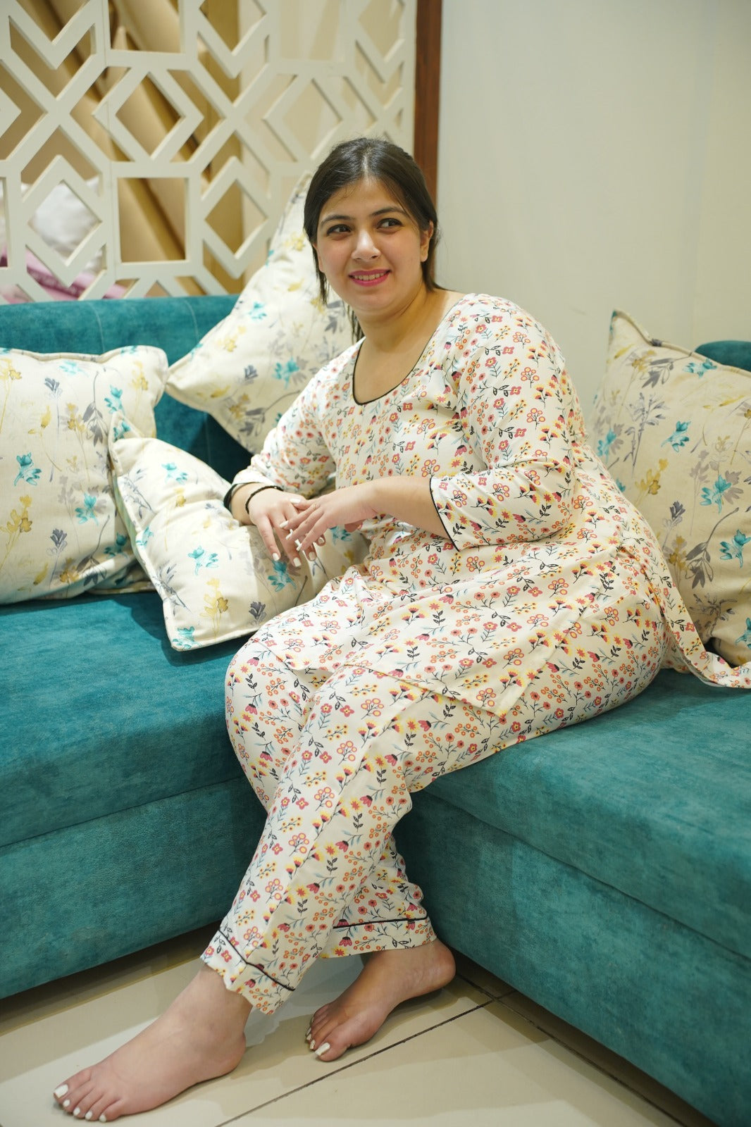 Peachy white floral night suit