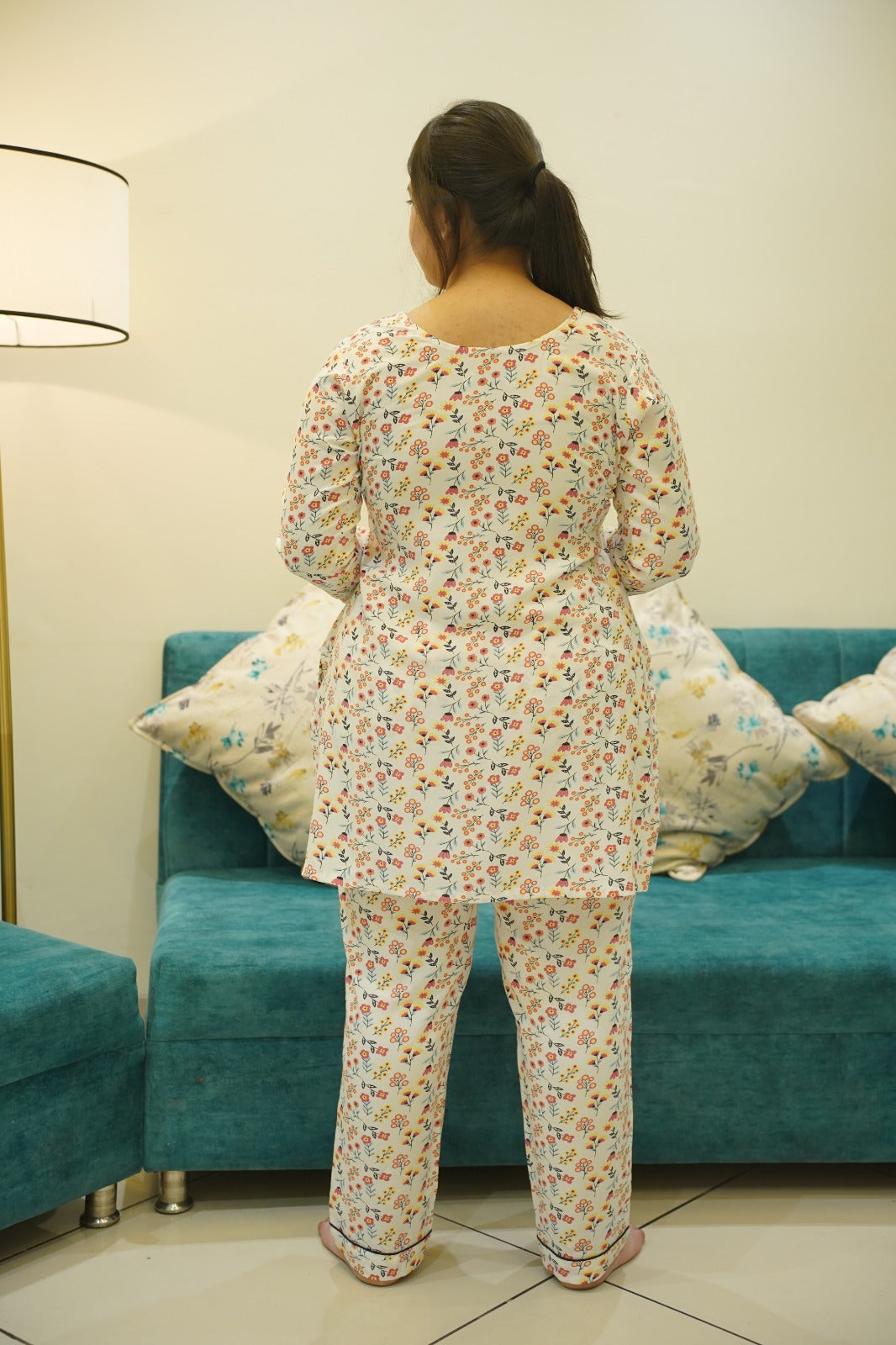 Peachy white floral night suit
