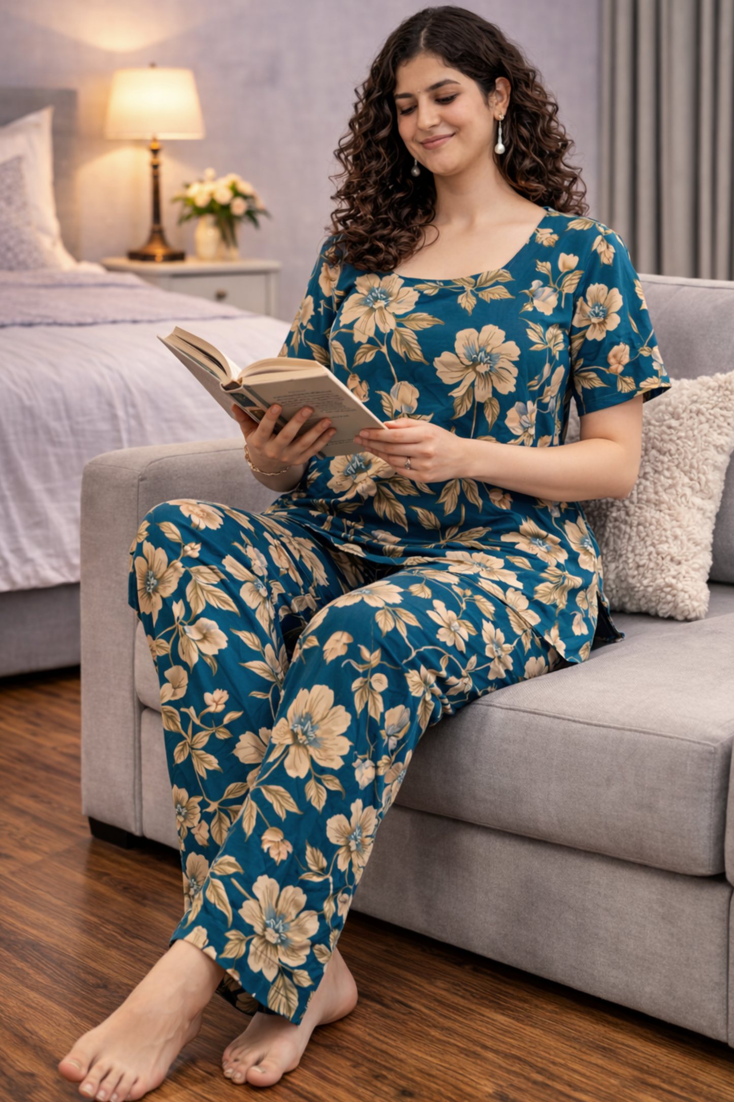 Muted Peacock Cotton Night Suit
