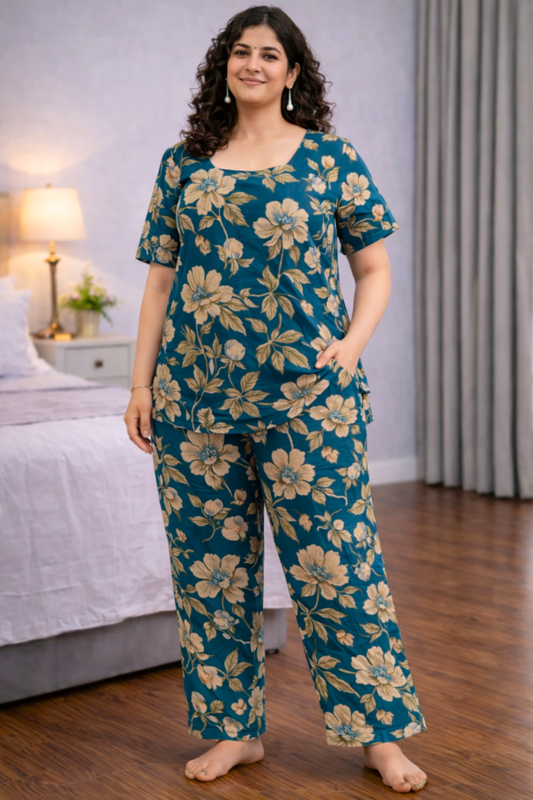 Muted Peacock Cotton Night Suit