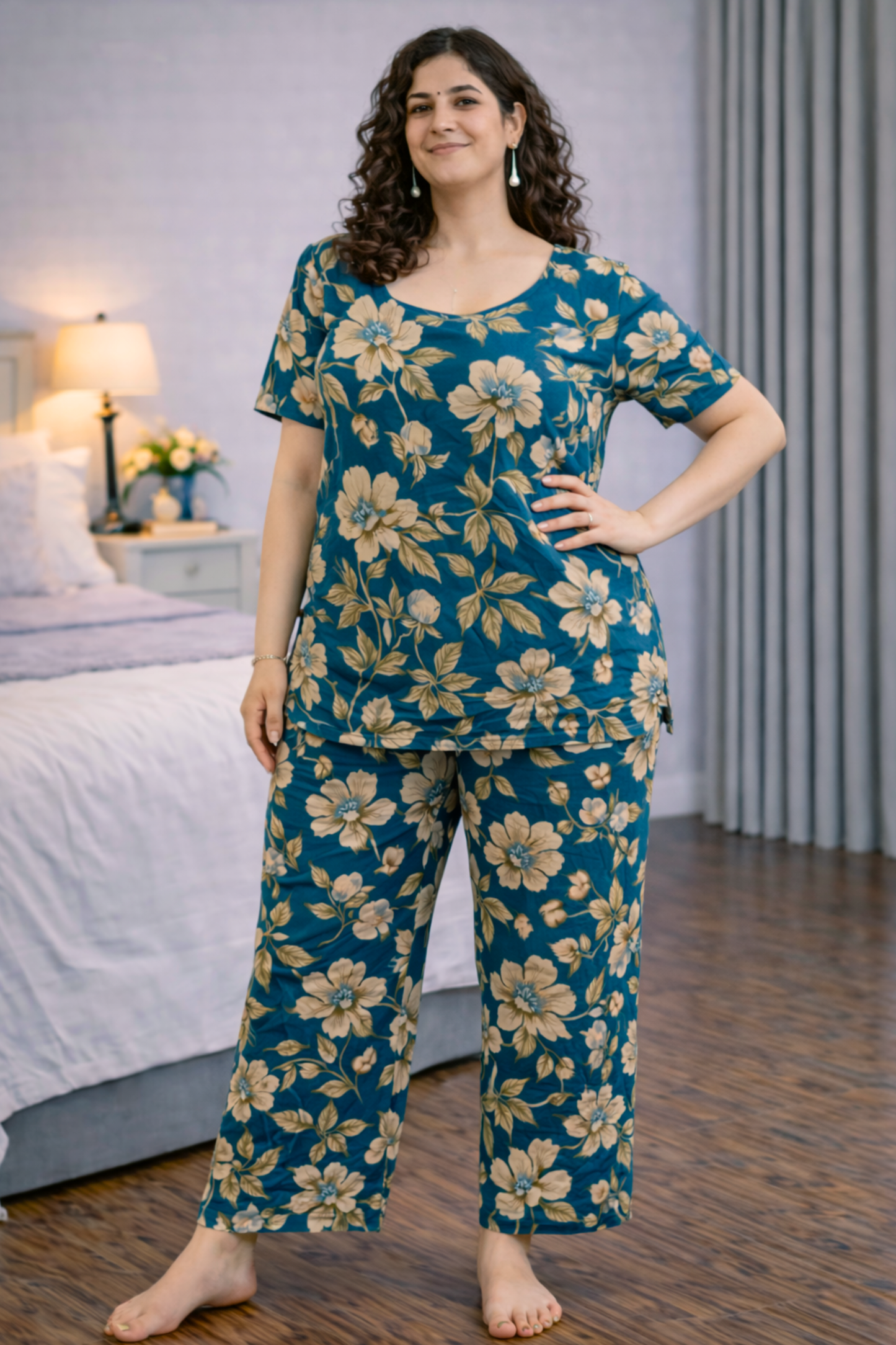 Muted Peacock Cotton Night Suit