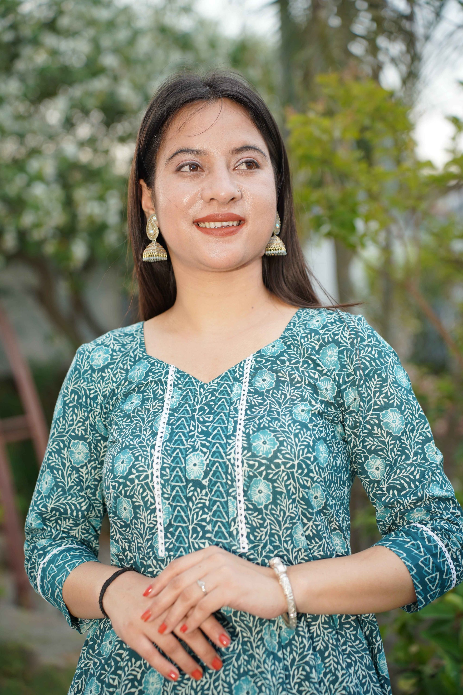 Peacock Blue Jaal Print Suit Set