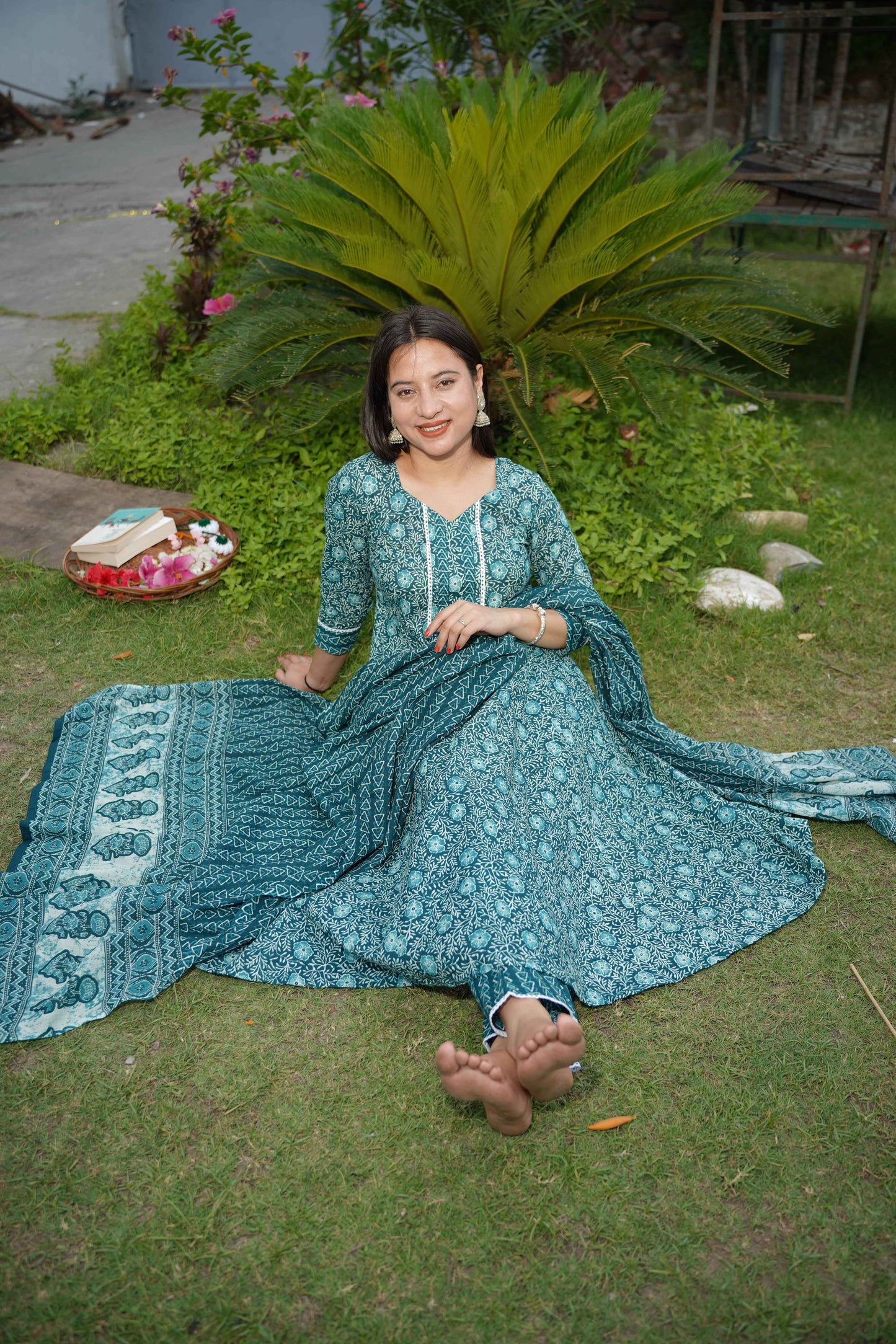 Peacock Blue Jaal Print Suit Set