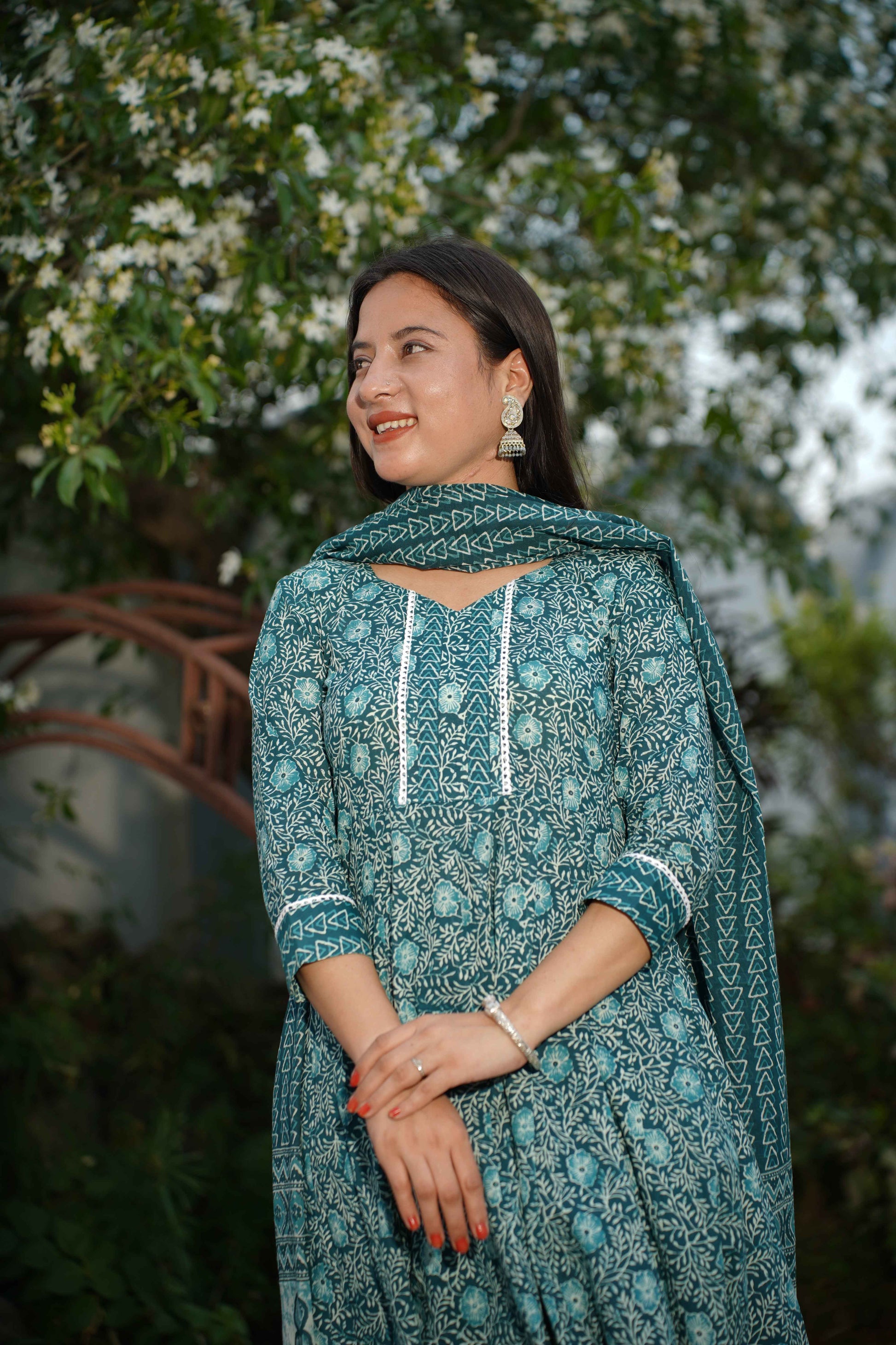 Peacock Blue Jaal Print Suit Set