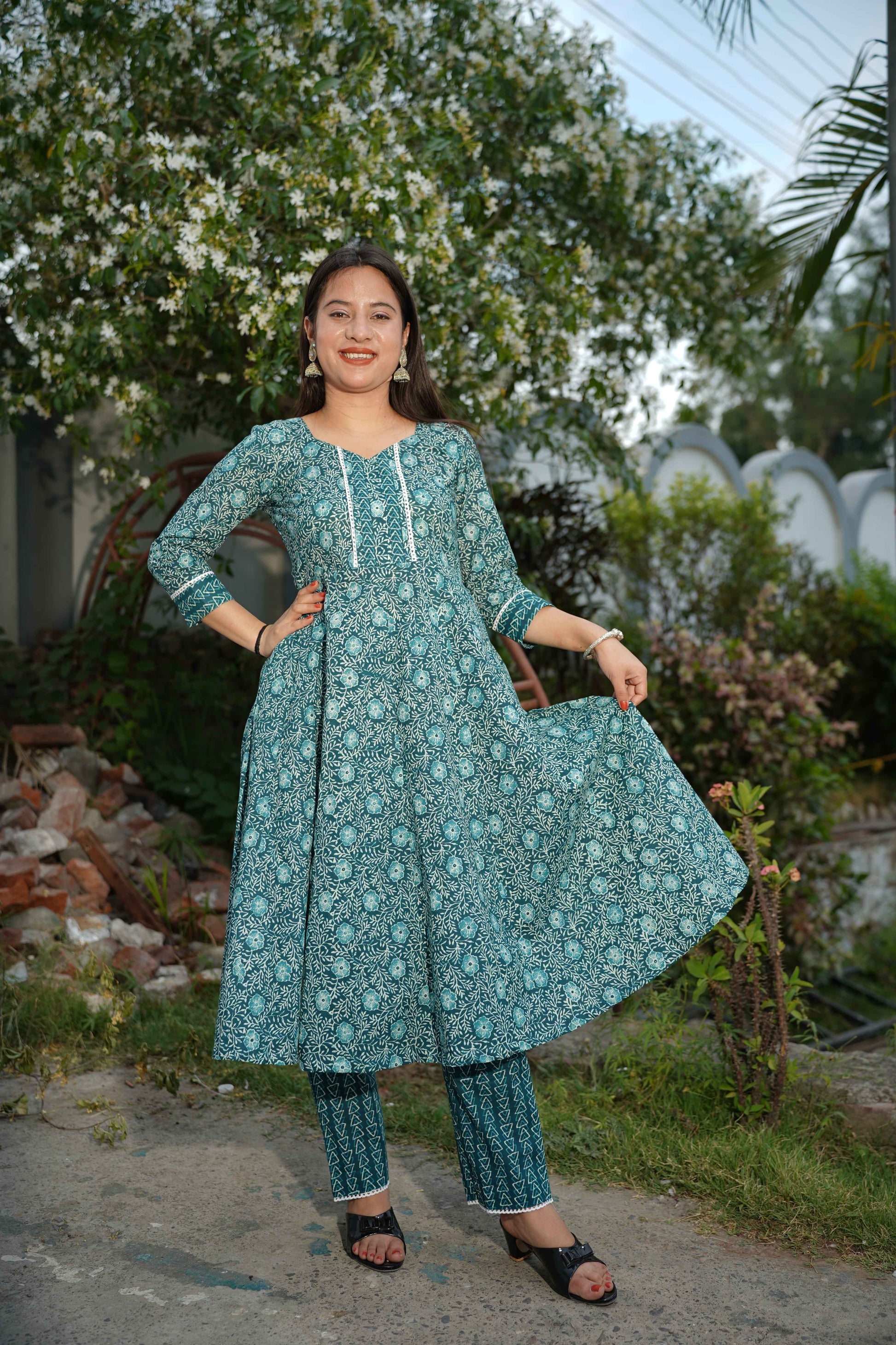 Peacock Blue Jaal Print Suit Set