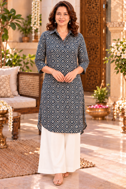Deep Peacock Foiled Kurta With Pockets
