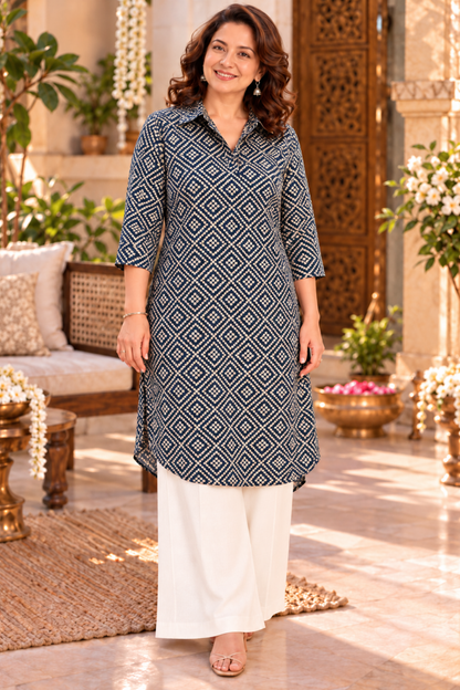 Deep Peacock Foiled Kurta With Pockets