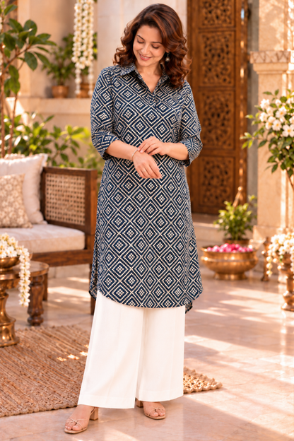 Deep Peacock Foiled Kurta With Pockets