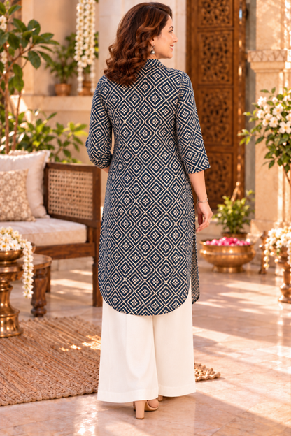 Deep Peacock Foiled Kurta With Pockets