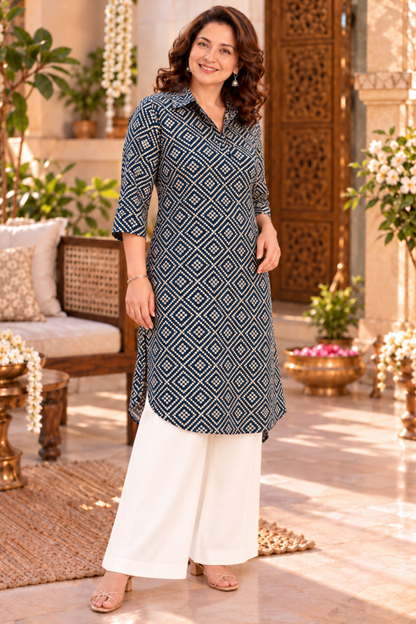 Deep Peacock Foiled Kurta With Pockets