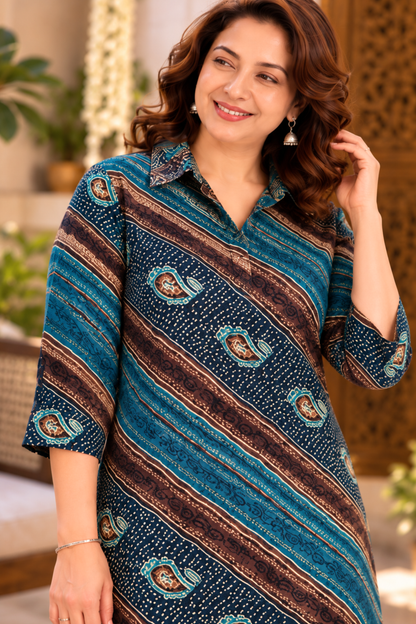 Peacock Rhythm Striped Kurta With Pockets