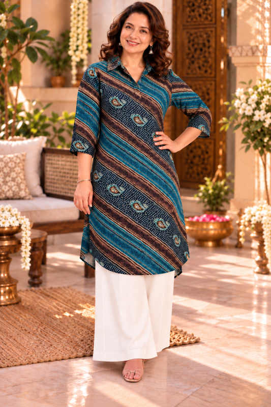 Peacock Rhythm Striped Kurta With Pockets