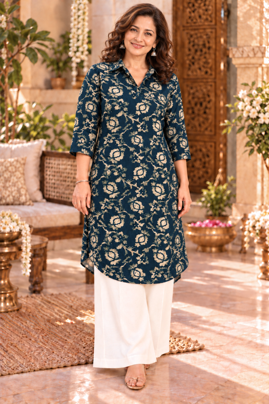 Peacock Rose Foiled Kurta With Pockets