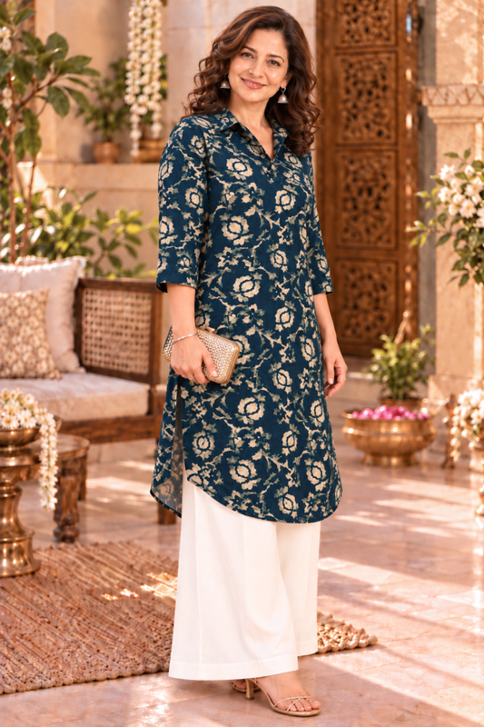 Peacock Rose Foiled Kurta With Pockets